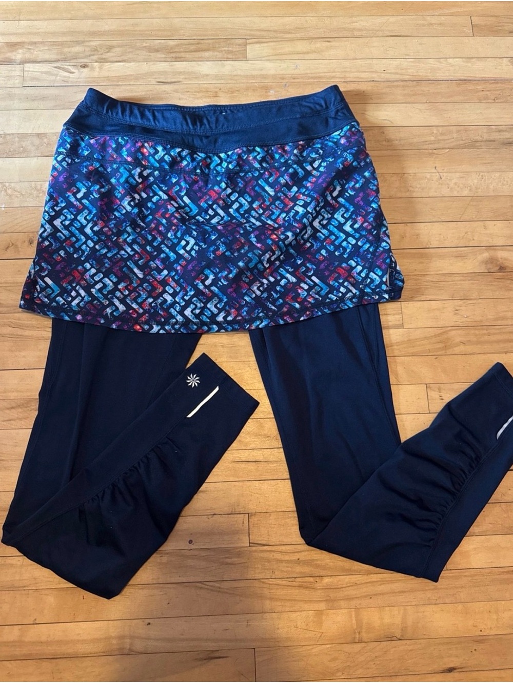 Athleta Navy Skirted Leggings with Multicolor Geometric Print